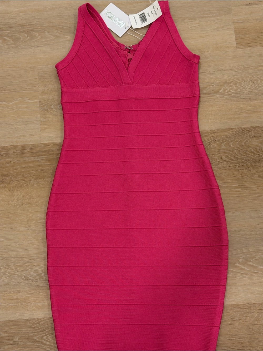 Katie J NYC V-Neck Hot Pink Ribbed Bandage Dress